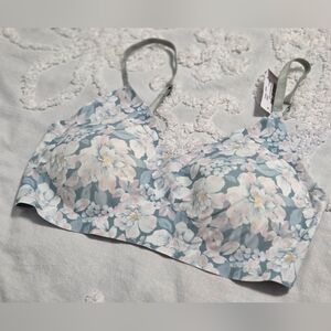 La Vie En Rose Blue+Pink Pastel Floral Wireless Pushup Bralette Coquette Sz L